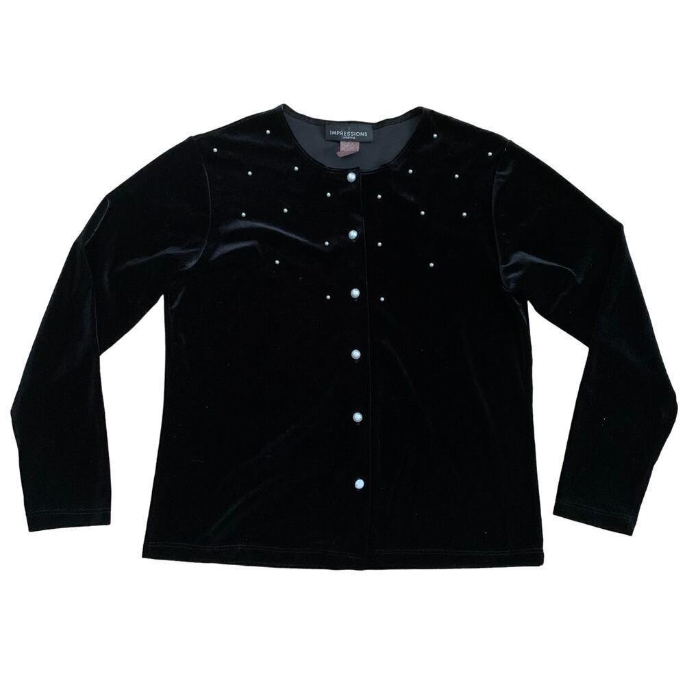 Vintage Impressions Black Velvet Velour Pearl Cardigan Size S